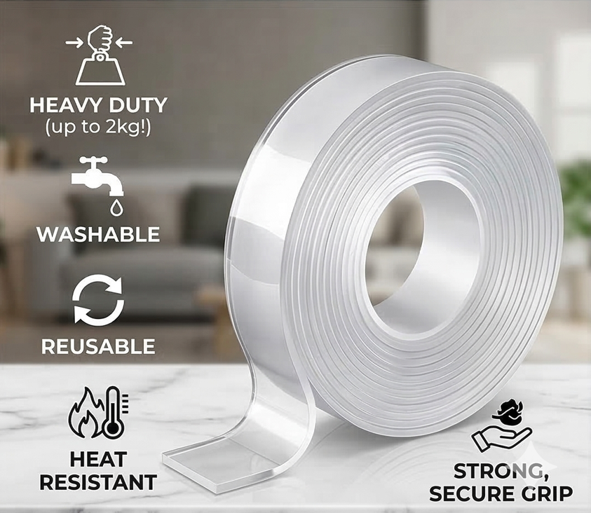 Double Sided Tape - 3 Meter Multipurpose Adhesive Tape, Heavy Duty, Heat Resistant, Washable, Anti-Slip Gel Nano Grip Tape