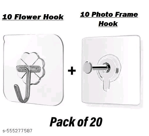 Adhesive Wall Hooks – Frame Hook – Combo Pack (10+10) – Heavy Duty – Nail Free Sticky Hooks with Stainless Steel Hooks for Kitchen, Bathroom, Towel and Ceiling– Pack of 20
