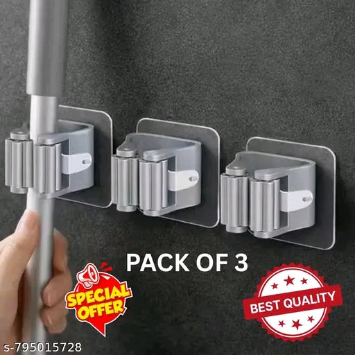 Mop Holder | Wiper, Brush, Broom Holder No Drilling Wall Mount Hook | Pack of 3