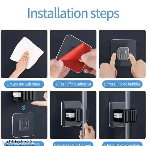 Mop Holder | Wiper, Brush, Broom Holder No Drilling Wall Mount Hook | Pack of 3